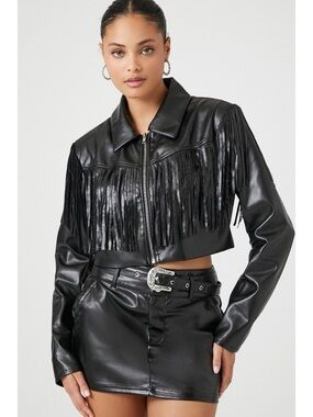 Forever 21 Black Faux Leather Fringe Crop Jacket Zip-Up Western Style